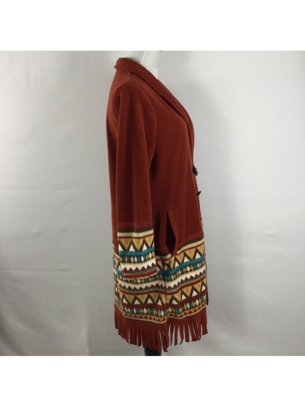 Koret Fringe Fleece Southwestern Toggle Button Longline Duster Jacket Size PS - Picture 12 of 15